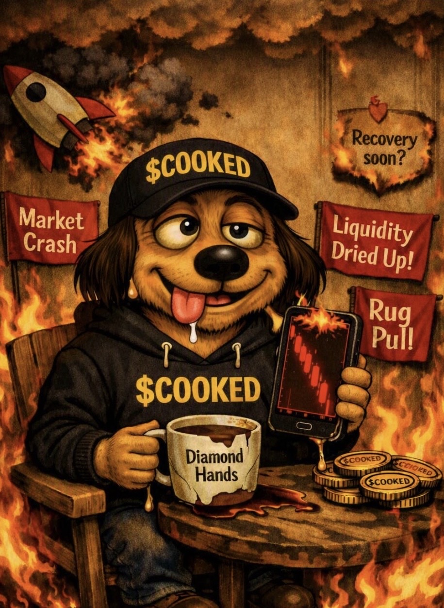 COOKED dog mascot surrounded by flames and market crash signs